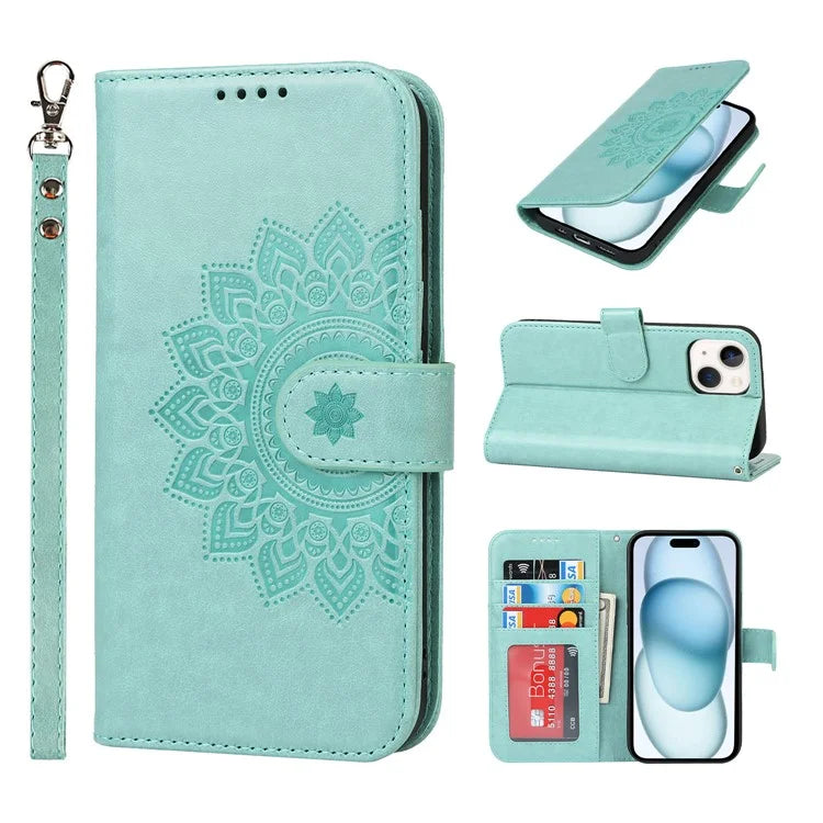 For iPhone 15 Plus R61 Texture Printed Wallet Case Stand Feature with Wrist Strap