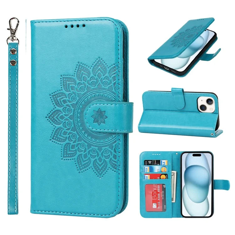 For iPhone 15 R61 Texture Wallet Case with Print Design PU Leather Phone Cover