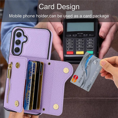 DF-09 Accordion-Style Card Case for Samsung Galaxy S23 FE Zipper Wallet Cover with Cross-Body Strap