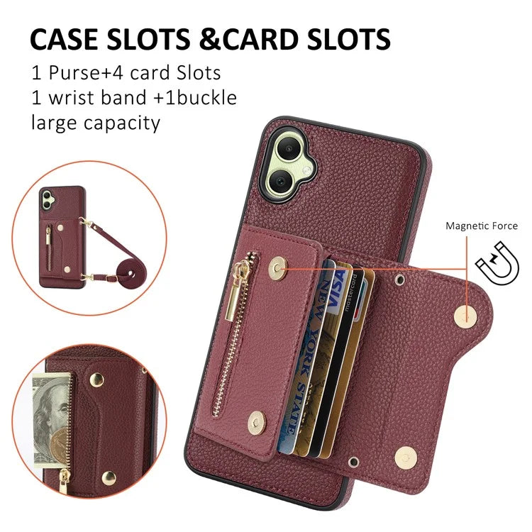 DF-09 Card Holder Case for Samsung Galaxy A05 4G Crossbody Leather Zipper Phone Cover