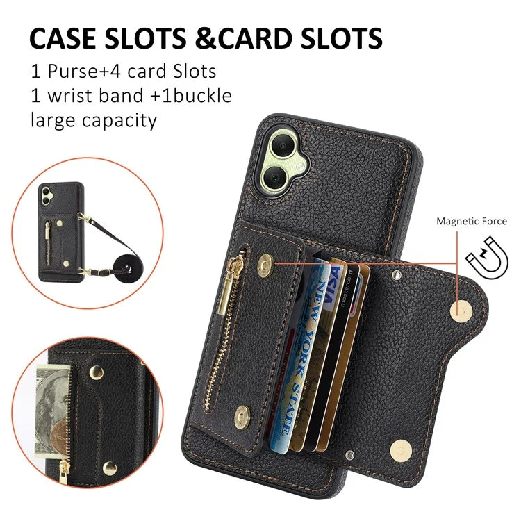 DF-09 Card Holder Case for Samsung Galaxy A05 4G Crossbody Leather Zipper Phone Cover