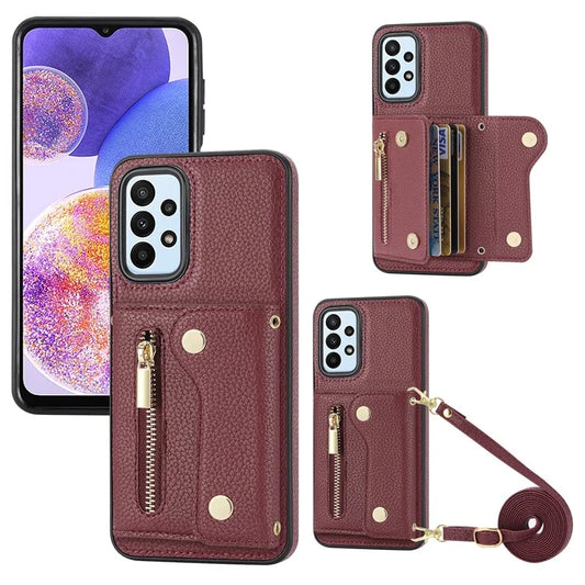 DF-09 For Samsung Galaxy A53 5G Accordion Card Case Crossbody Lanyard Zipper Pocket Kickstand