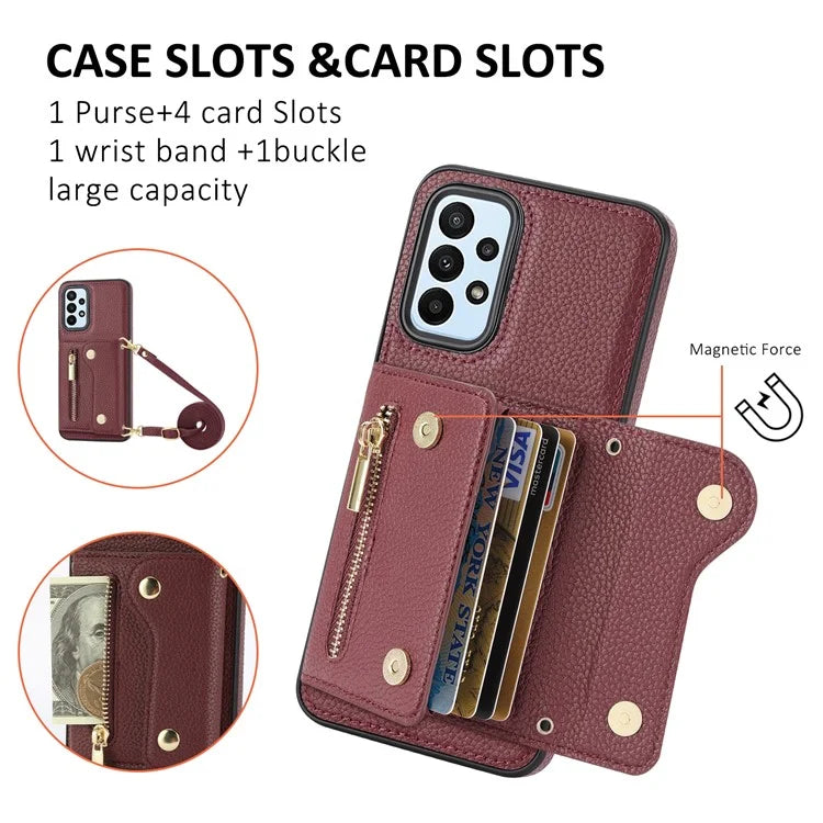 DF-09 For Samsung Galaxy A53 5G Accordion Card Case Crossbody Lanyard Zipper Pocket Kickstand