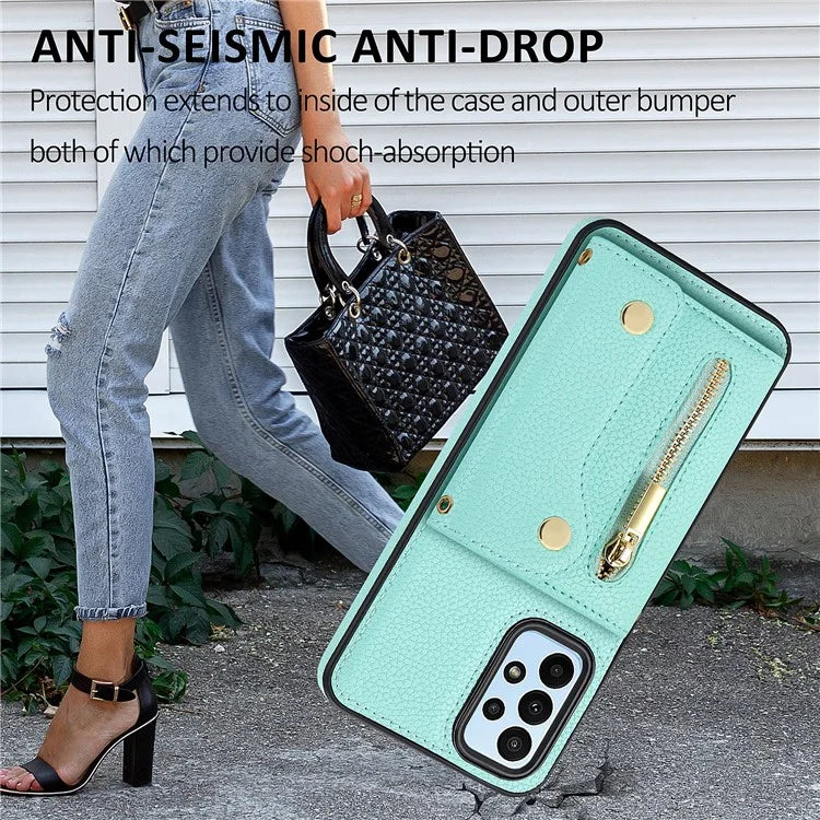 DF-09 For Samsung Galaxy A53 5G Accordion Card Case Crossbody Lanyard Zipper Pocket Kickstand