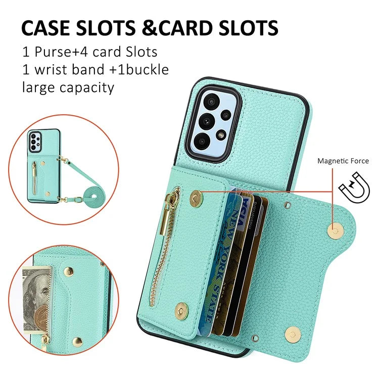 DF-09 For Samsung Galaxy A53 5G Accordion Card Case Crossbody Lanyard Zipper Pocket Kickstand