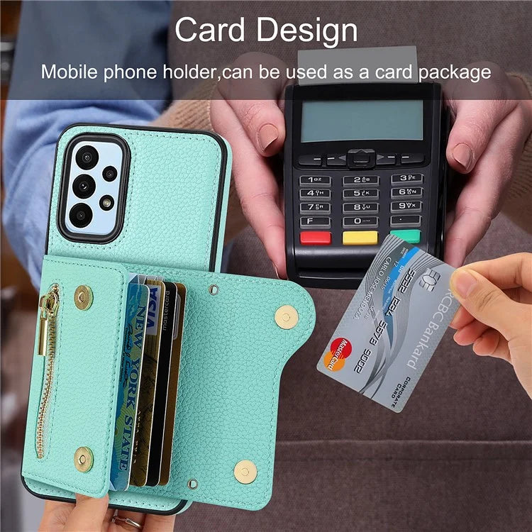 DF-09 For Samsung Galaxy A53 5G Accordion Card Case Crossbody Lanyard Zipper Pocket Kickstand