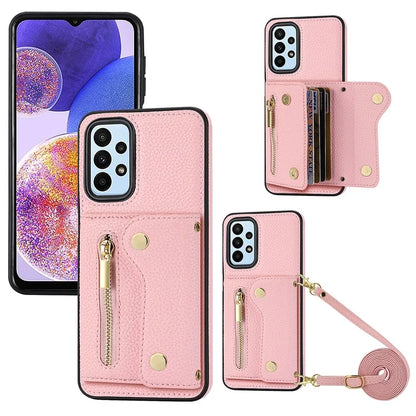 DF-09 For Samsung Galaxy A53 5G Accordion Card Case Crossbody Lanyard Zipper Pocket Kickstand