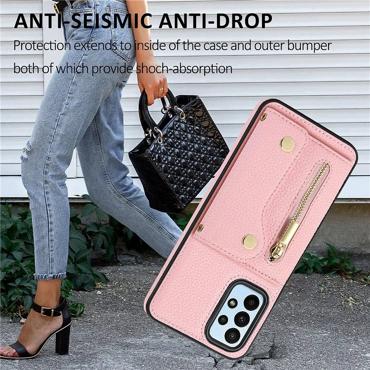 DF-09 For Samsung Galaxy A53 5G Accordion Card Case Crossbody Lanyard Zipper Pocket Kickstand