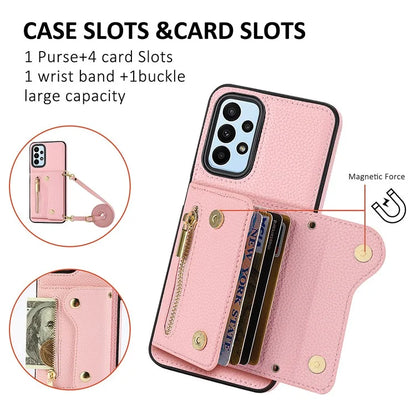 DF-09 For Samsung Galaxy A53 5G Accordion Card Case Crossbody Lanyard Zipper Pocket Kickstand