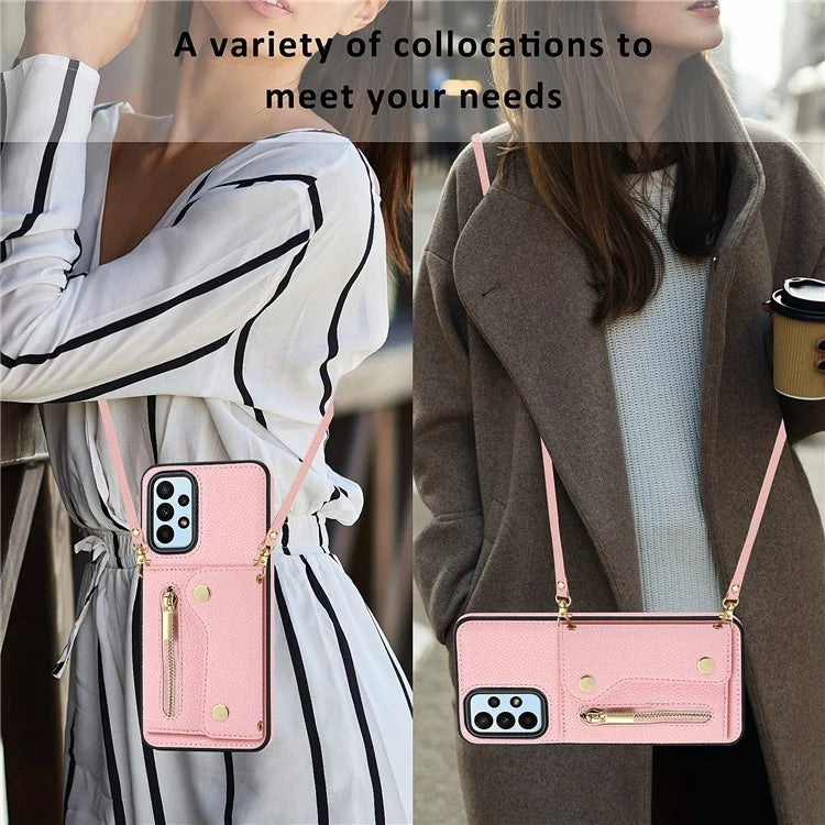 DF-09 For Samsung Galaxy A53 5G Accordion Card Case Crossbody Lanyard Zipper Pocket Kickstand