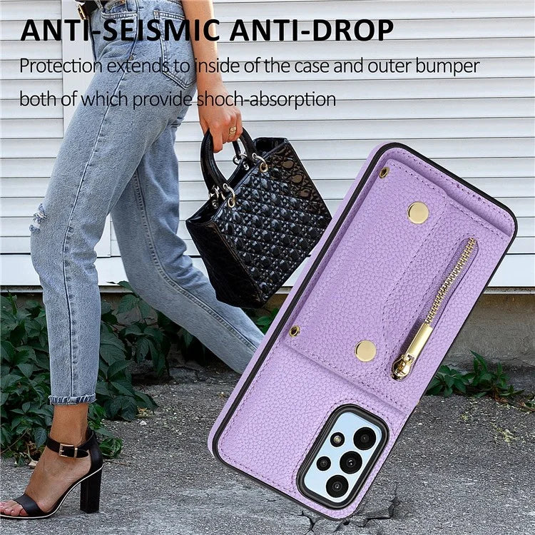 DF-09 For Samsung Galaxy A53 5G Accordion Card Case Crossbody Lanyard Zipper Pocket Kickstand
