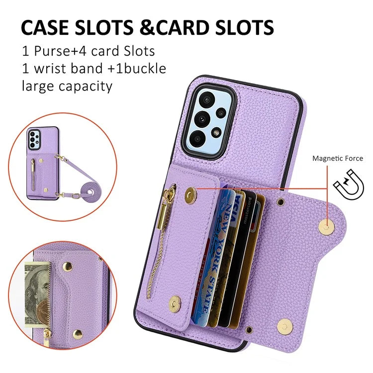 DF-09 For Samsung Galaxy A53 5G Accordion Card Case Crossbody Lanyard Zipper Pocket Kickstand