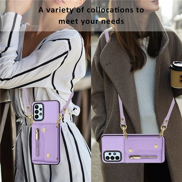DF-09 For Samsung Galaxy A53 5G Accordion Card Case Crossbody Lanyard Zipper Pocket Kickstand
