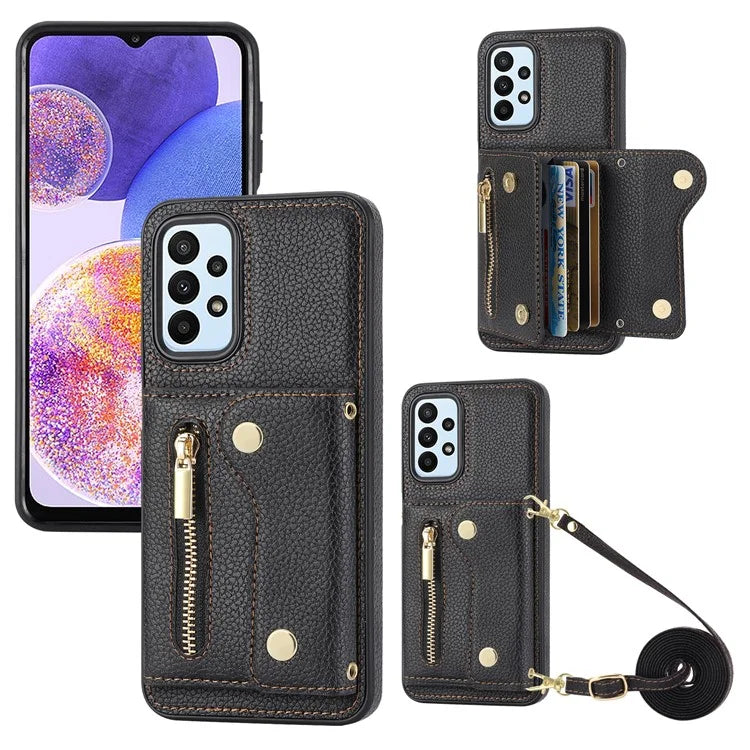 DF-09 For Samsung Galaxy A53 5G Accordion Card Case Crossbody Lanyard Zipper Pocket Kickstand