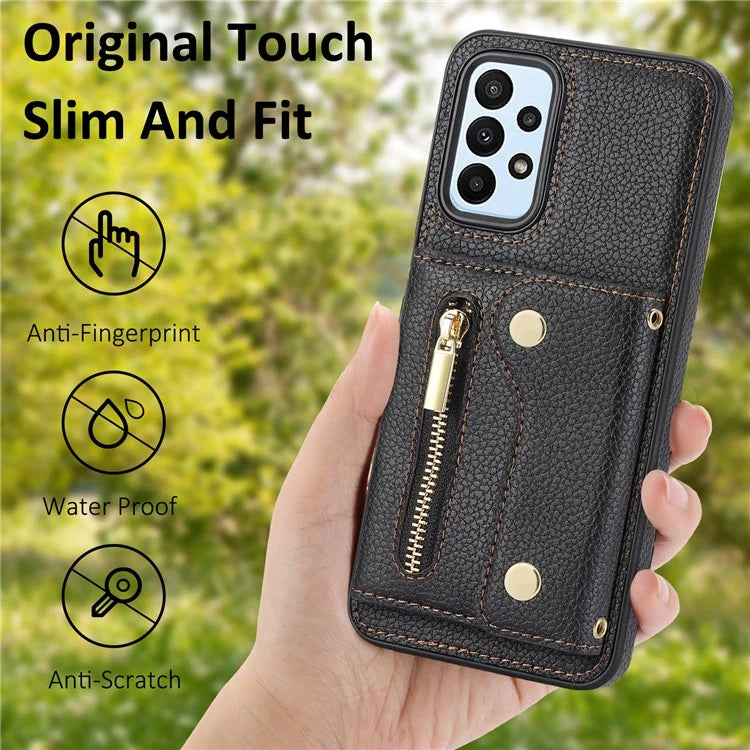 DF-09 For Samsung Galaxy A53 5G Accordion Card Case Crossbody Lanyard Zipper Pocket Kickstand
