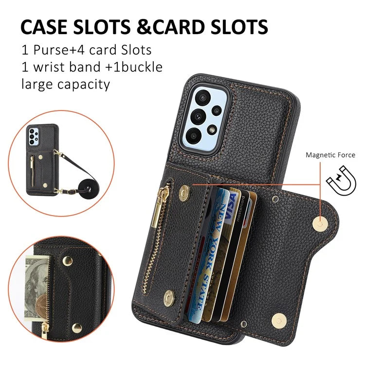 DF-09 For Samsung Galaxy A53 5G Accordion Card Case Crossbody Lanyard Zipper Pocket Kickstand