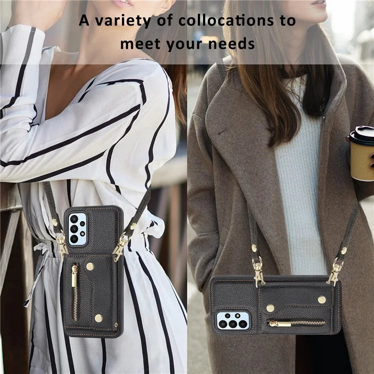 DF-09 For Samsung Galaxy A53 5G Accordion Card Case Crossbody Lanyard Zipper Pocket Kickstand