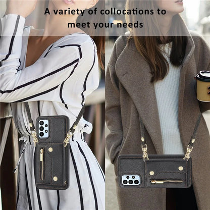 DF-09 For Samsung Galaxy A53 5G Accordion Card Case Crossbody Lanyard Zipper Pocket Kickstand