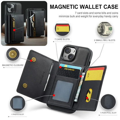 DG.MING M5 Series For iPhone 14 Magnetic Case RFID Blocking Detachable Leather+TPU+PC Wallet Cover