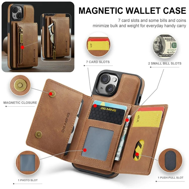 DG.MING M5 Series For iPhone 14 Magnetic Case RFID Blocking Detachable Leather+TPU+PC Wallet Cover
