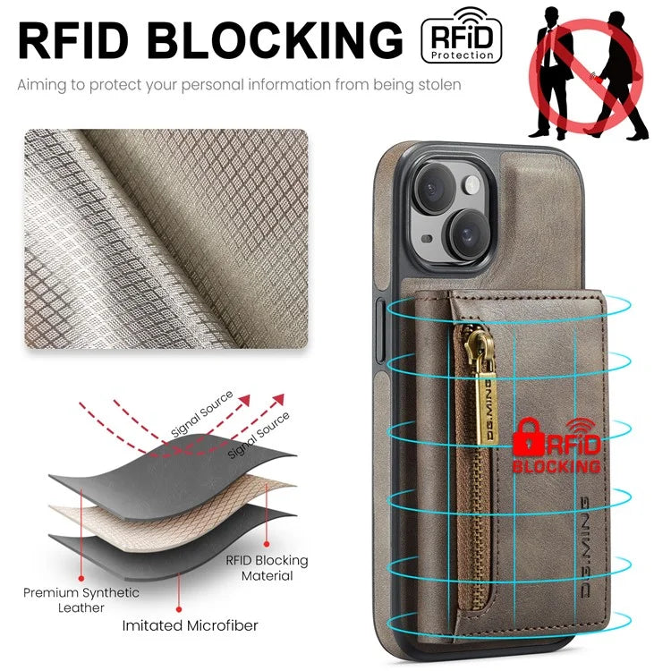 DG.MING M5 Series For iPhone 14 Magnetic Case RFID Blocking Detachable Leather+TPU+PC Wallet Cover