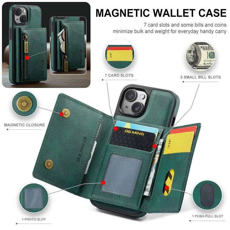 DG.MING M5 Series For iPhone 14 Magnetic Case RFID Blocking Detachable Leather+TPU+PC Wallet Cover