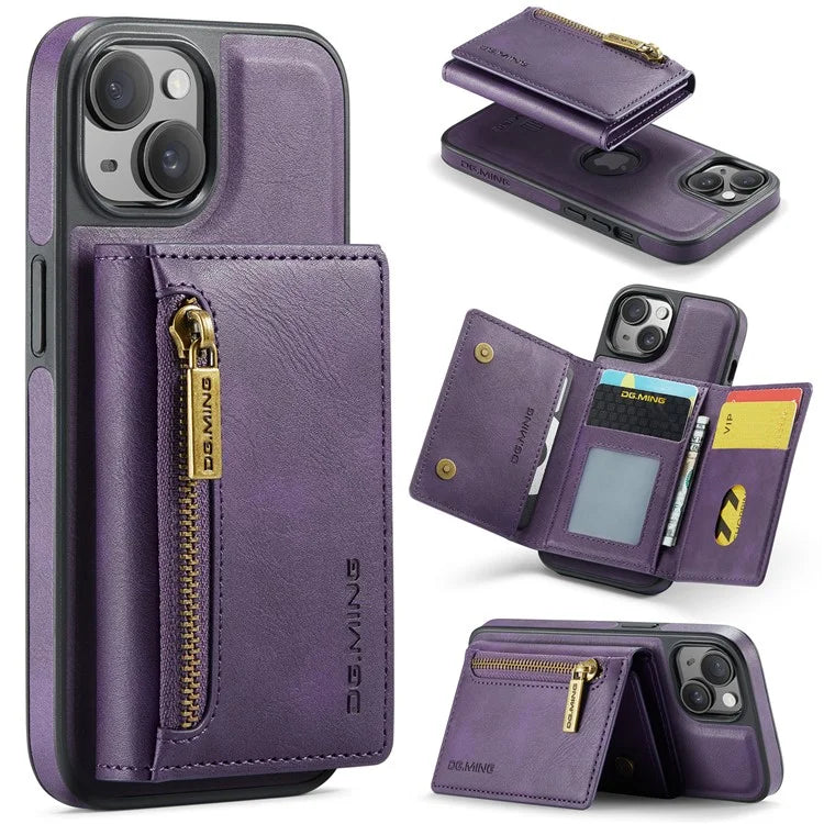 DG.MING M5 Series For iPhone 14 Magnetic Case RFID Blocking Detachable Leather+TPU+PC Wallet Cover