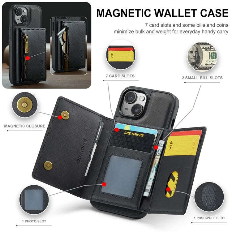 DG.MING M5 Series For iPhone 14 Plus Case Detachable Magnetic Leather Phone Protector with Card Slots