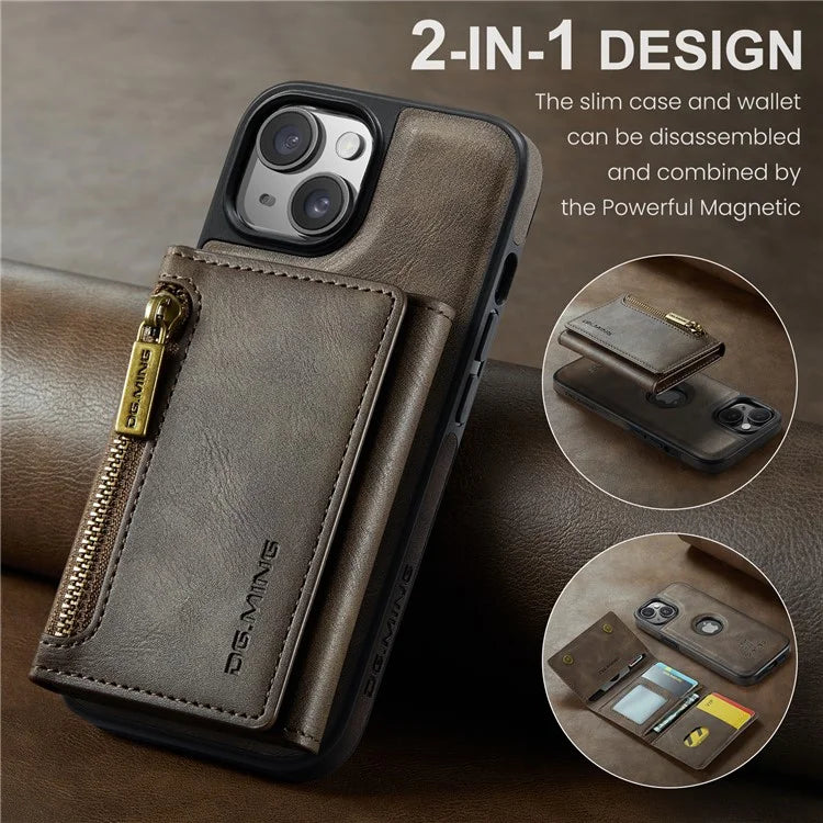 DG.MING M5 Series For iPhone 14 Plus Case Detachable Magnetic Leather Phone Protector with Card Slots