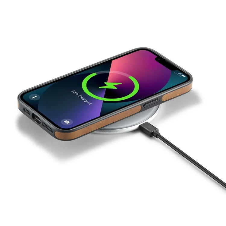 DG.MING For iPhone 13 6.1 inch Cell Phone Case Leather Coating Support Wireless Charging Back Cover