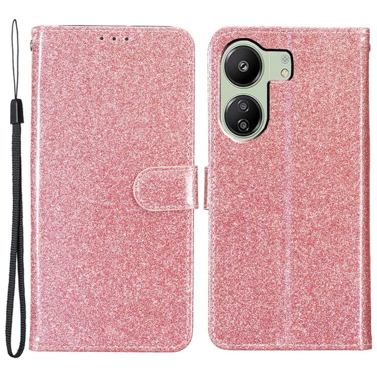For Xiaomi Redmi 13C 4G / Poco C65 4G Case Glittering Leather Wallet Stand Cover Gold
