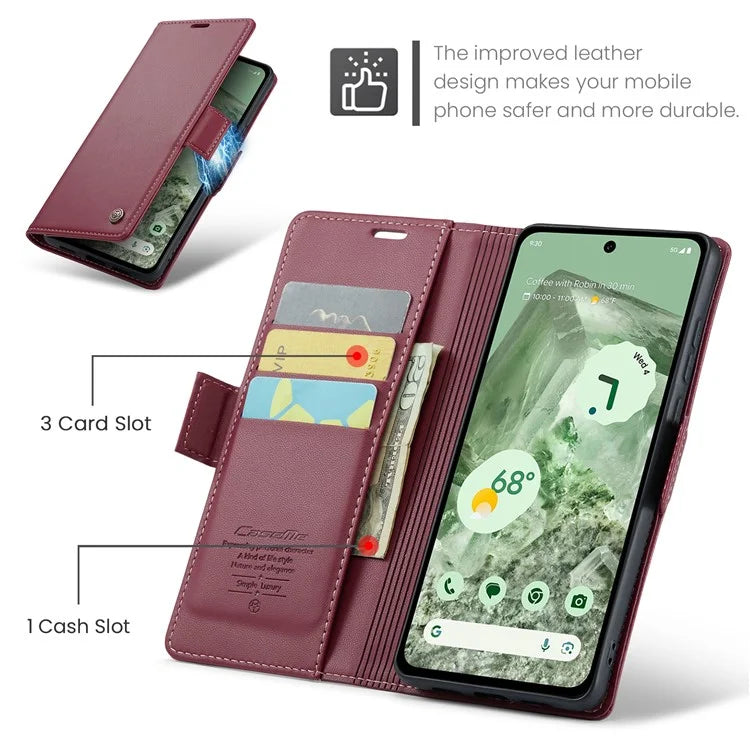 CASEME 023 Series For Google Pixel 8a Cell Phone Case Glossy Leather RFID Blocking Wallet Cover