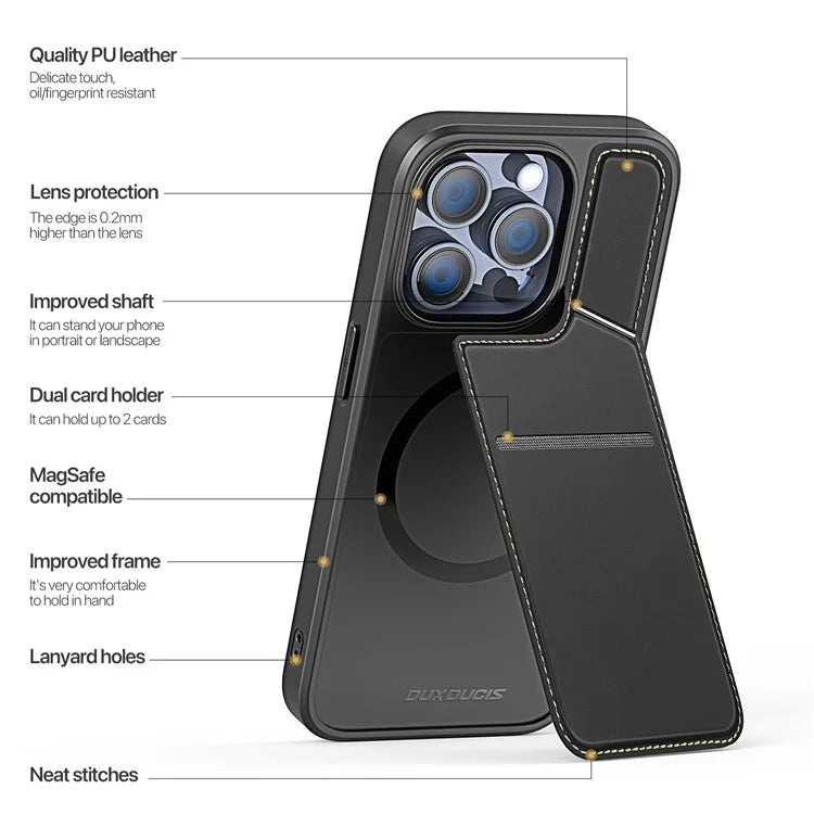 DUX DUCIS Rafi II Series for iPhone 15 Pro Magnetic Case Integrated Kickstand Card Slot Phone Cover