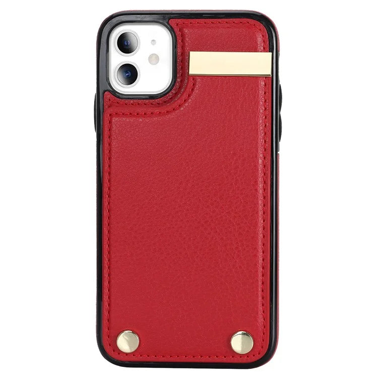 For iPhone 11 Cover TPU+PU Leather Metal Decor Shockproof Cell Phone Case with Card Holder