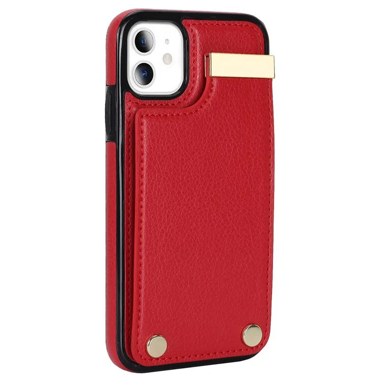 For iPhone 11 Cover TPU+PU Leather Metal Decor Shockproof Cell Phone Case with Card Holder