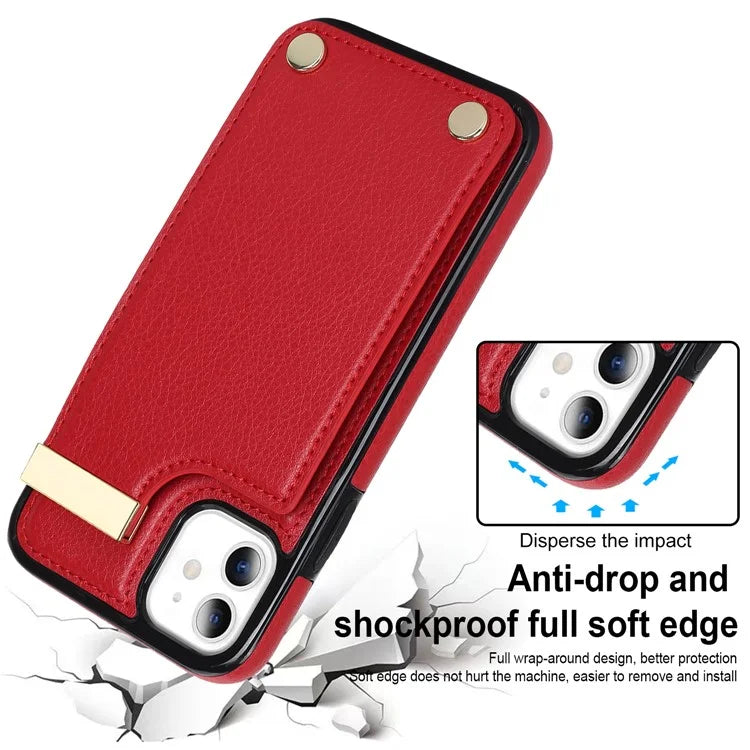 For iPhone 11 Cover TPU+PU Leather Metal Decor Shockproof Cell Phone Case with Card Holder