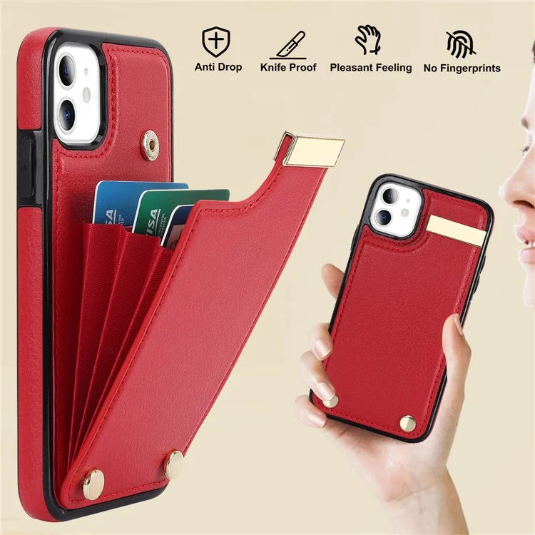For iPhone 11 Cover TPU+PU Leather Metal Decor Shockproof Cell Phone Case with Card Holder
