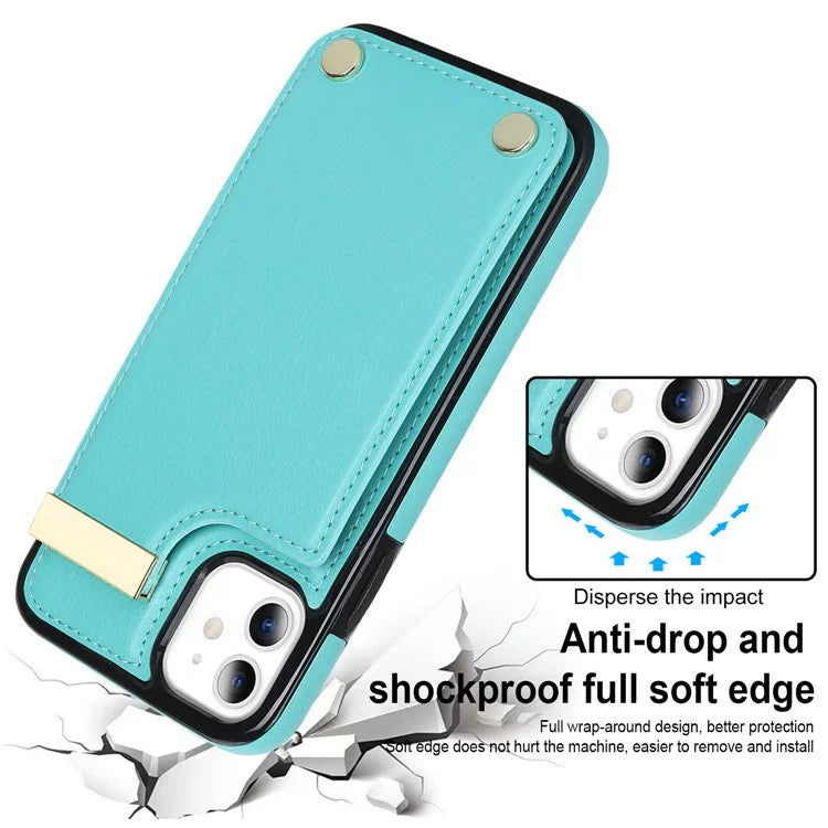 For iPhone 11 Cover TPU+PU Leather Metal Decor Shockproof Cell Phone Case with Card Holder