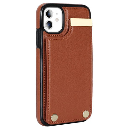 For iPhone 11 Cover TPU+PU Leather Metal Decor Shockproof Cell Phone Case with Card Holder