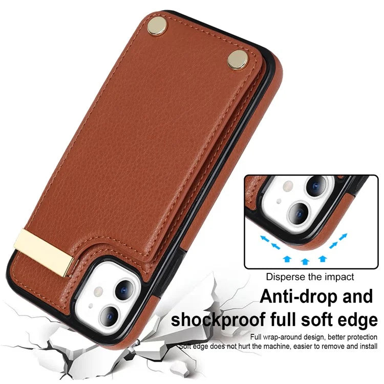 For iPhone 11 Cover TPU+PU Leather Metal Decor Shockproof Cell Phone Case with Card Holder