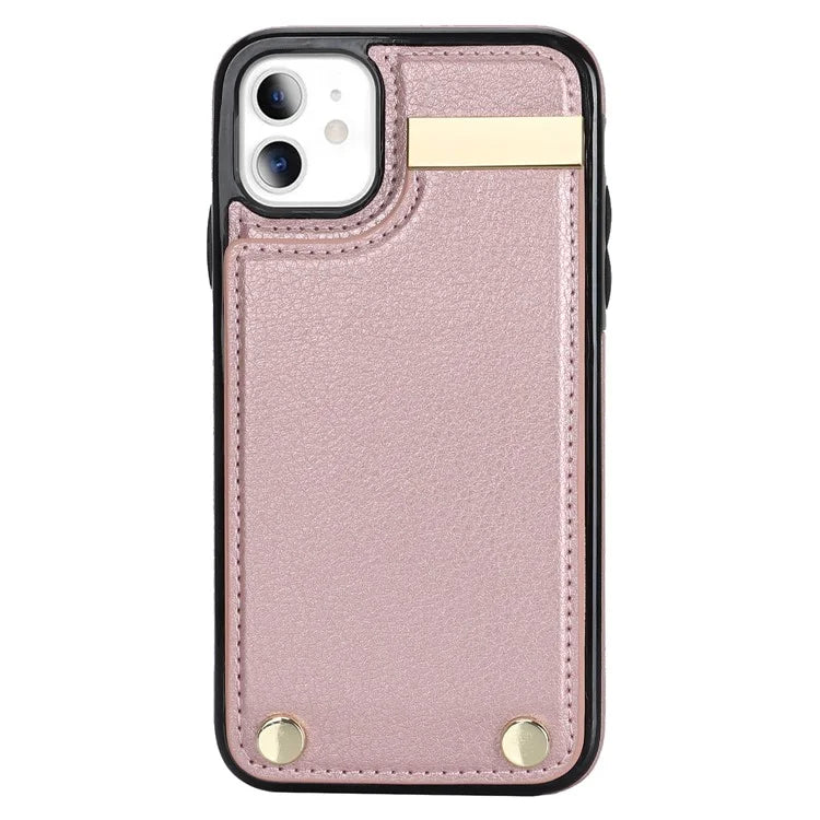 For iPhone 11 Cover TPU+PU Leather Metal Decor Shockproof Cell Phone Case with Card Holder