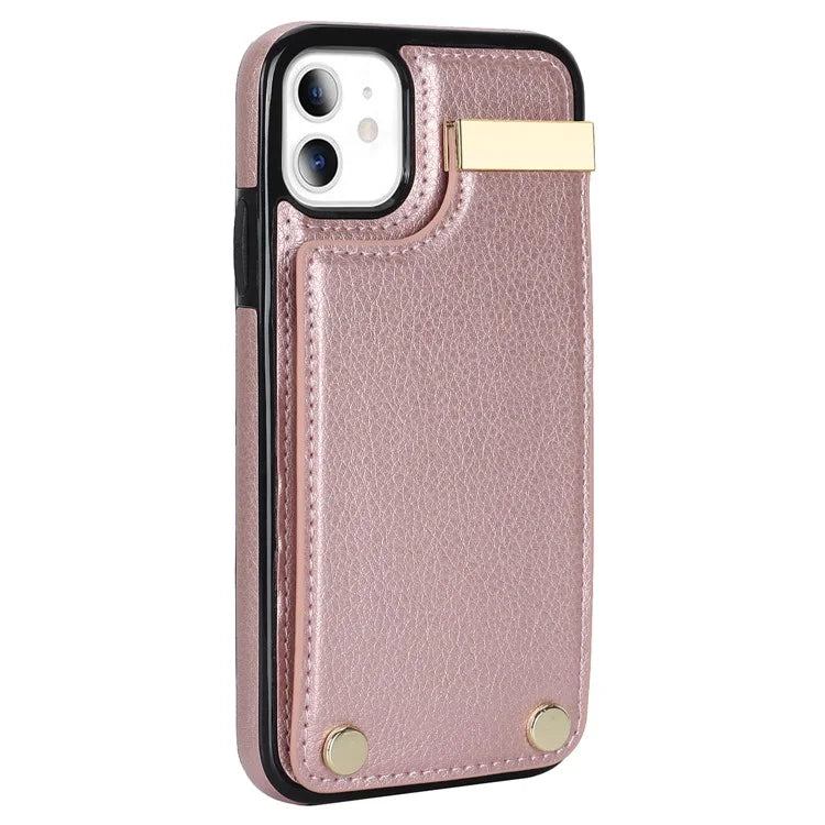 For iPhone 11 Cover TPU+PU Leather Metal Decor Shockproof Cell Phone Case with Card Holder
