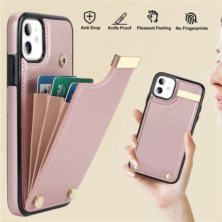 For iPhone 11 Cover TPU+PU Leather Metal Decor Shockproof Cell Phone Case with Card Holder