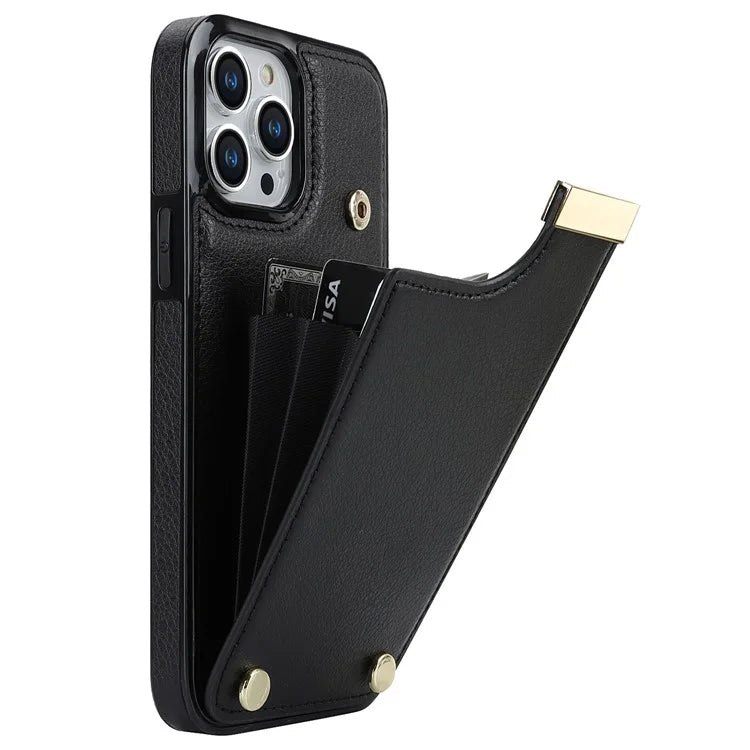 For iPhone 15 Pro Cell Phone Case TPU+PU Leather+Metal Phone Cover with Card Holder