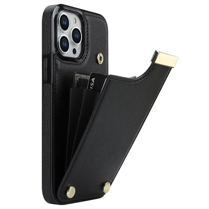 For iPhone 15 Pro Cell Phone Case TPU+PU Leather+Metal Phone Cover with Card Holder