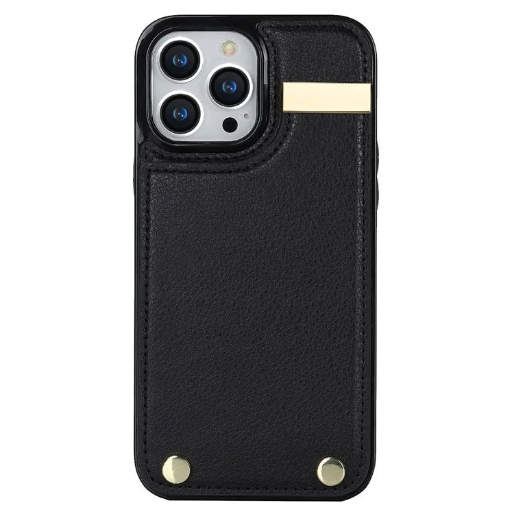 For iPhone 15 Pro Cell Phone Case TPU+PU Leather+Metal Phone Cover with Card Holder