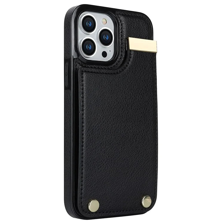 For iPhone 15 Pro Cell Phone Case TPU+PU Leather+Metal Phone Cover with Card Holder