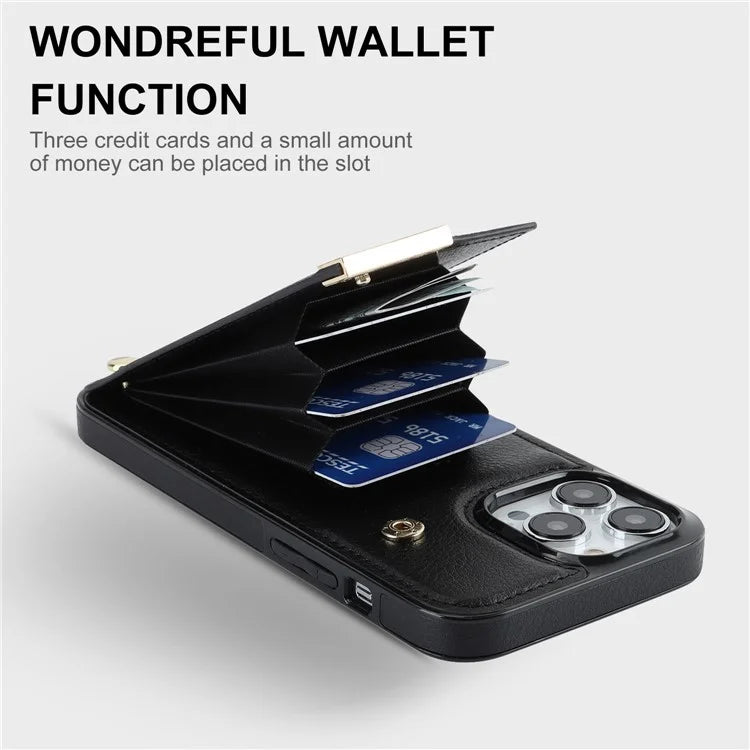 For iPhone 15 Pro Cell Phone Case TPU+PU Leather+Metal Phone Cover with Card Holder