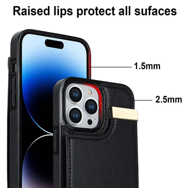 For iPhone 15 Pro Cell Phone Case TPU+PU Leather+Metal Phone Cover with Card Holder