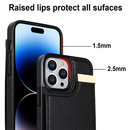 For iPhone 15 Pro Cell Phone Case TPU+PU Leather+Metal Phone Cover with Card Holder